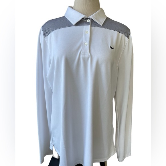 NWT VINEYARD VINES Long Sleeve Shep Performance Polo Shirt White Navy Blue LARGE - Picture 1 of 14